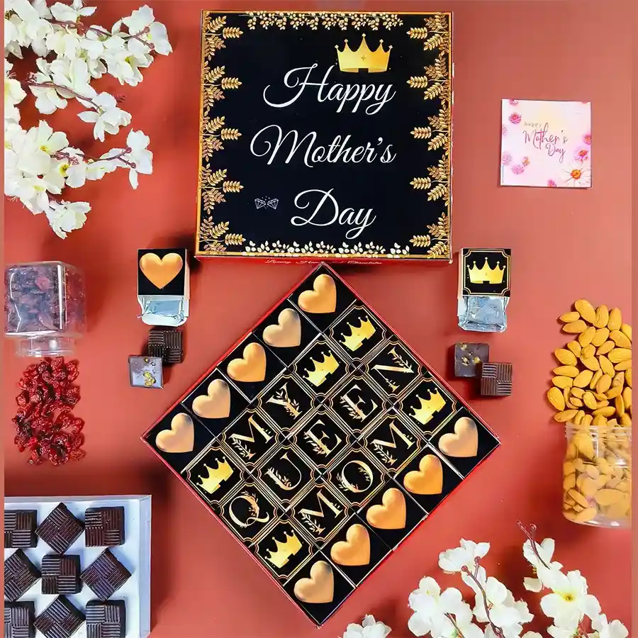 Mother's Day Choco Treats Box containing assorted chocolates with festive designs and a greeting card
