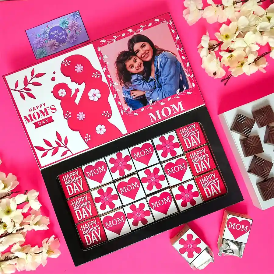 Personalized chocolate treat box for Mother's Day featuring assorted chocolates customized with a name and photo, accompanied by a greeting card.