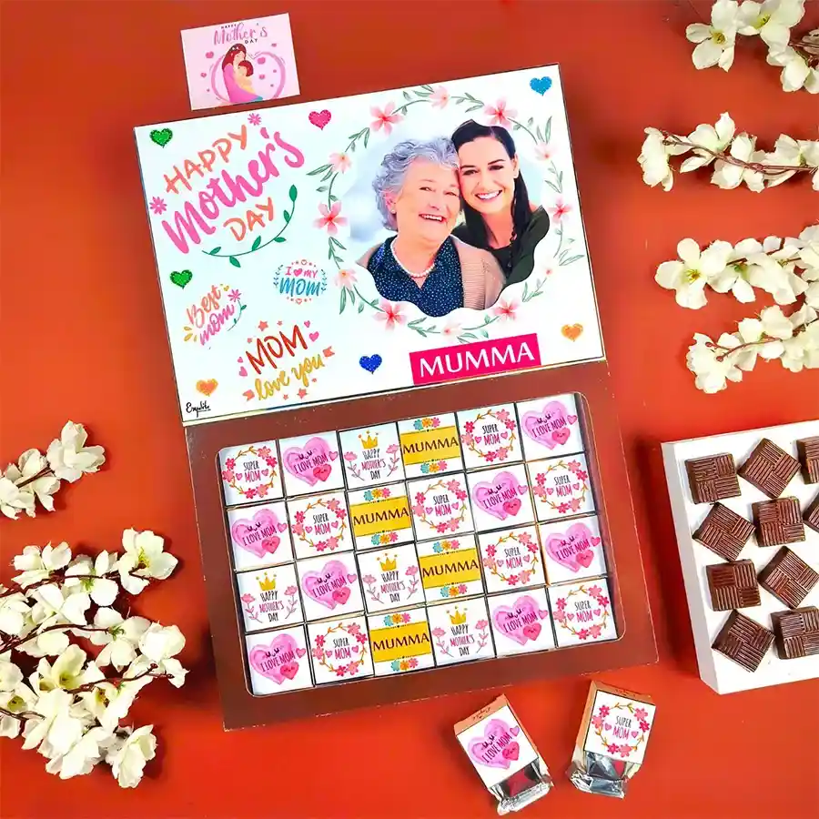 Personalized chocolates gift box for Mother's Day featuring assorted chocolates with names and photos, decorated with a charming theme and a heartfelt greeting card.
