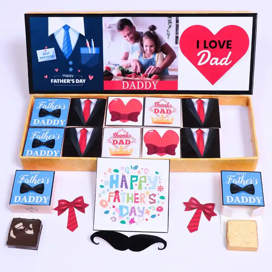 Personalized chocolate gift box for Father's Day featuring customized chocolates with unique flavors and a photo of Dad.