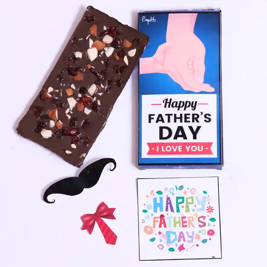 Delish Father's Day Chocolate Box featuring a 100g chocolate bar with roasted dry fruits and cranberry filling in festive packaging.