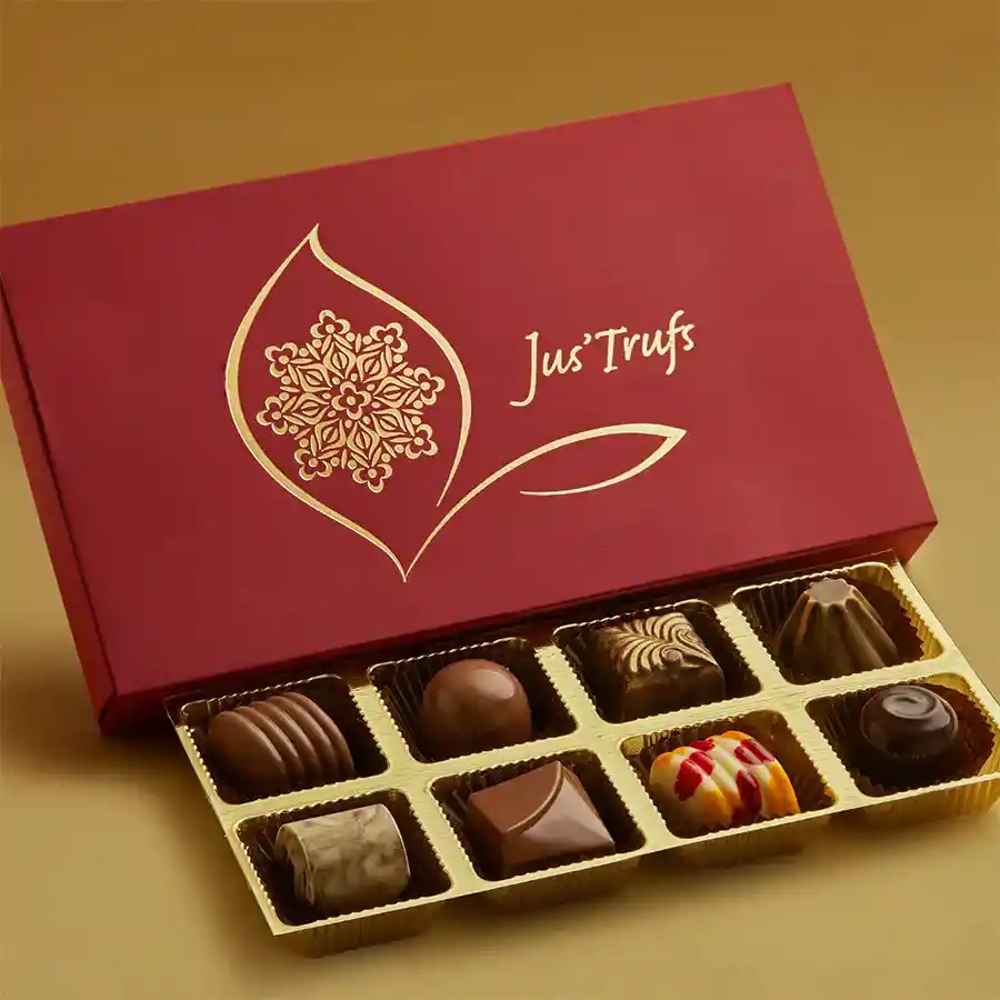 Beautiful Mandala box containing an assortment of 8 luxurious Belgian milk and dark pralines, featuring flavors like Hazelnut Praline, Jamaican Rhapsody, and Cappuccino Ganache.