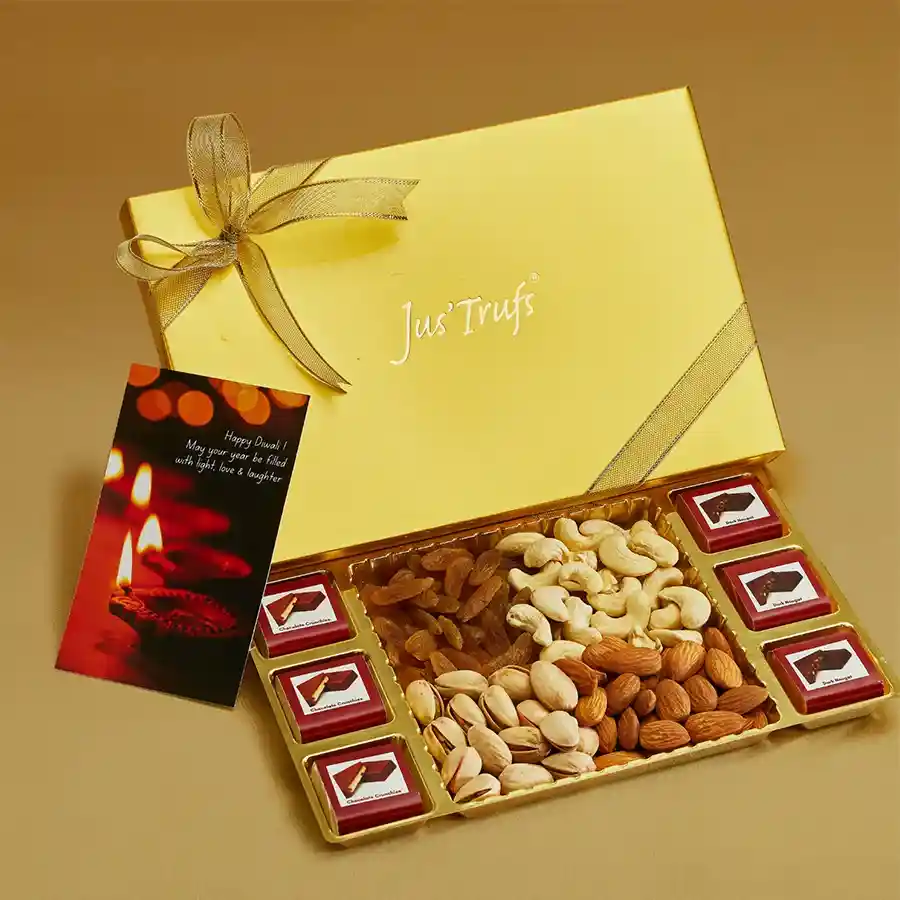 Gift box of Chocolate N Nut Gala featuring luxurious dark chocolates, chocolate-coated biscuits, and a mix of premium dry fruits including almonds, cashews, pistachios, and raisins.