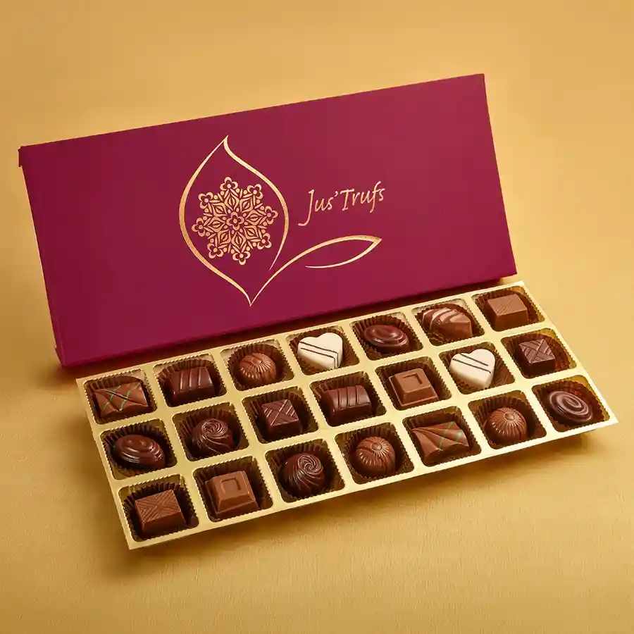 Diwali Chocolate Charm Box filled with 21 assorted truffles in a Mandala-themed packaging