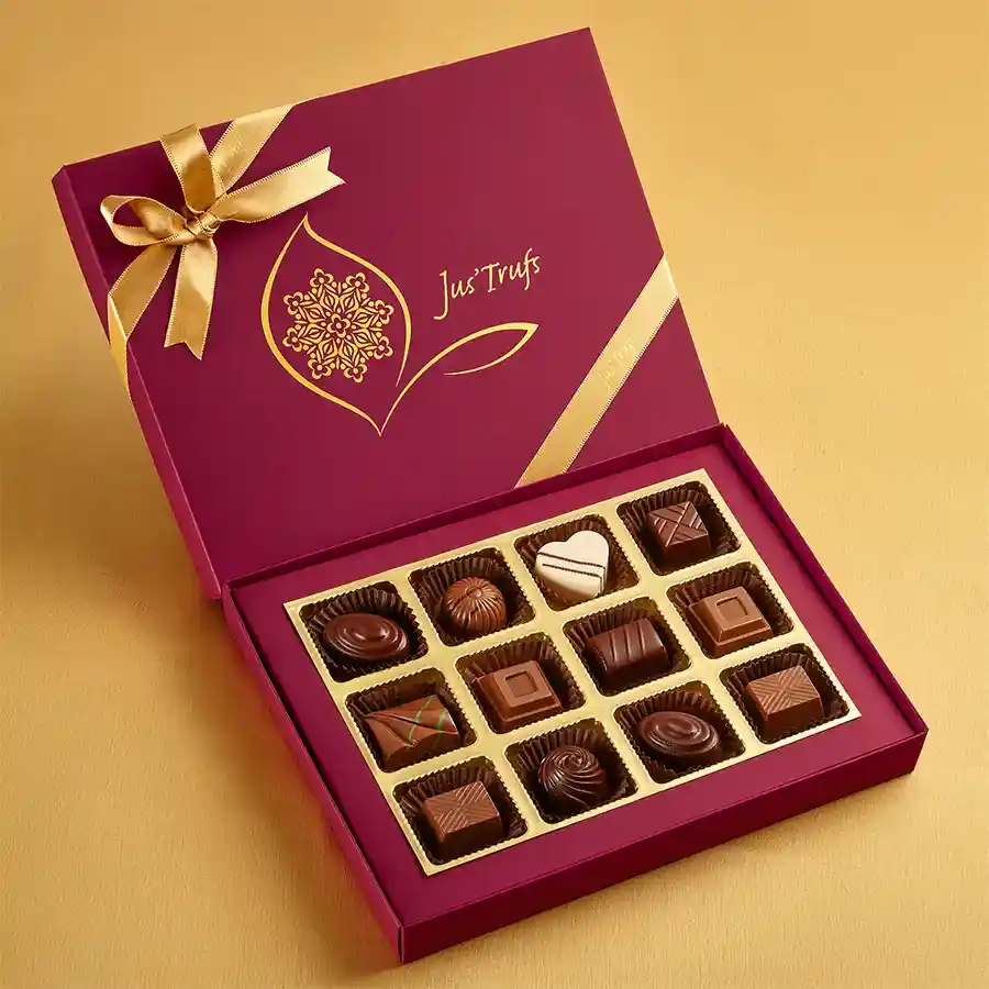 Joyful Chocolate Truffle Indulgence Box featuring 12 assorted truffles in a decorative Mandala box.