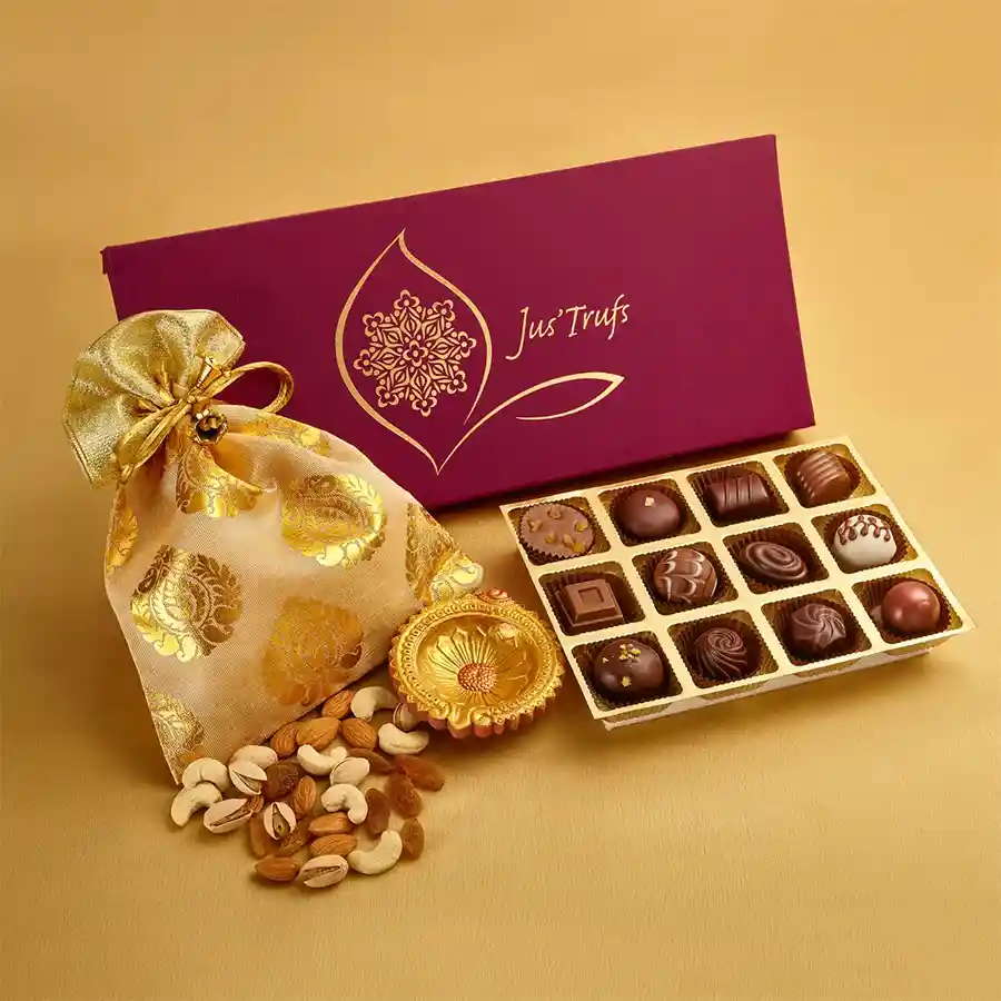 Choco Dry Fruits Indulgence box with assorted chocolate truffles, premium dry fruits, and a clay diya in a decorative Mandala box