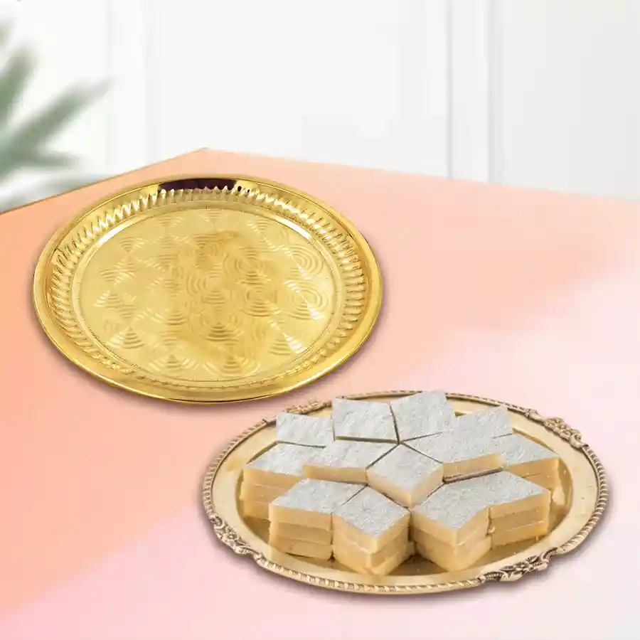 Gift of Kaju Katli with Golden Plated Thali, featuring half a kilogram of Kaju Katli and a decorative golden thali