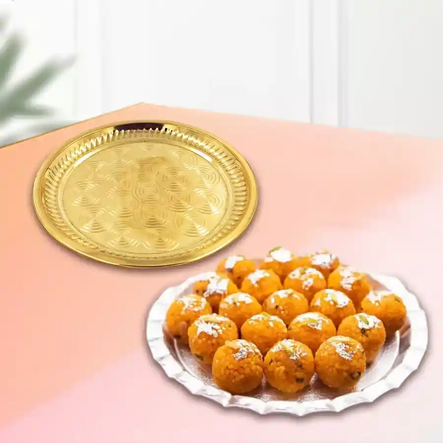 Haldirams Ghee Laddu hamper with golden plated thali and 500 grams of laddus