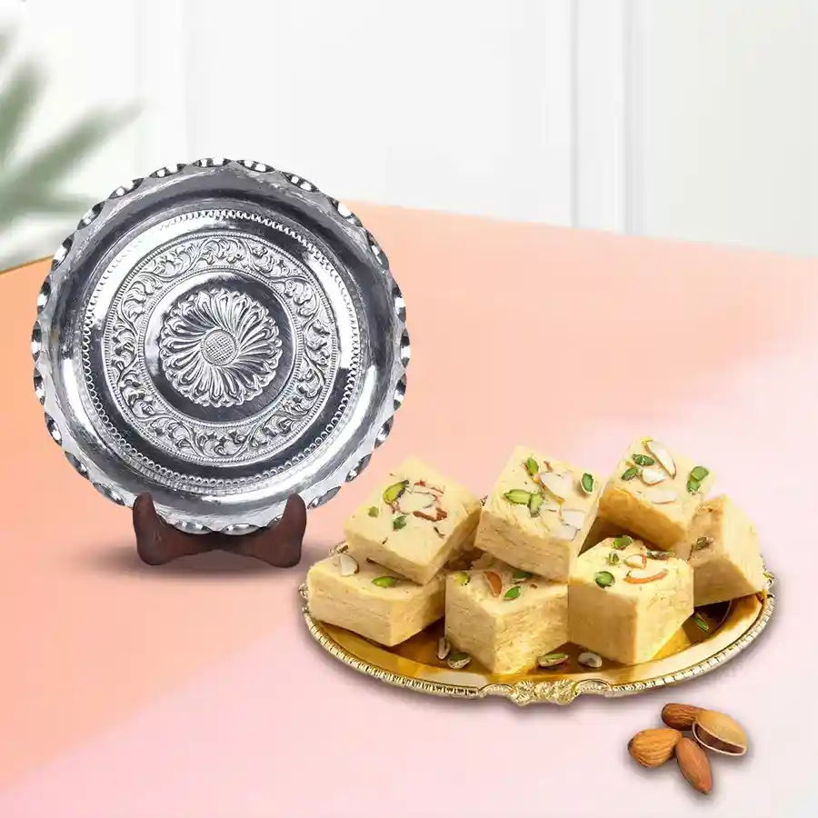 Silver Plated Thali with Haldirams Soan Papdi displayed together, showcasing their elegant design and festive appeal.