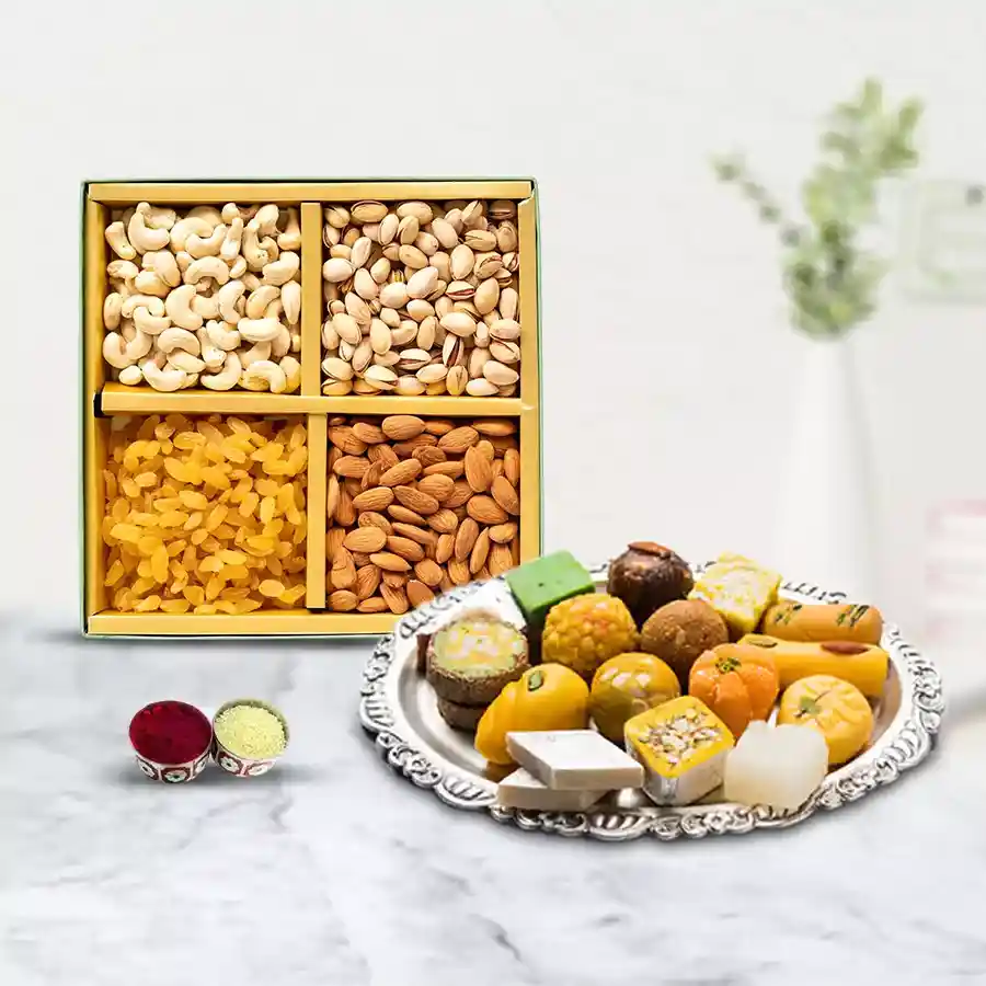 Yummy assorted dry fruits and Haldirams sweets combo for Bhai Dooj celebration with free Roli, Tika, and Chawal included