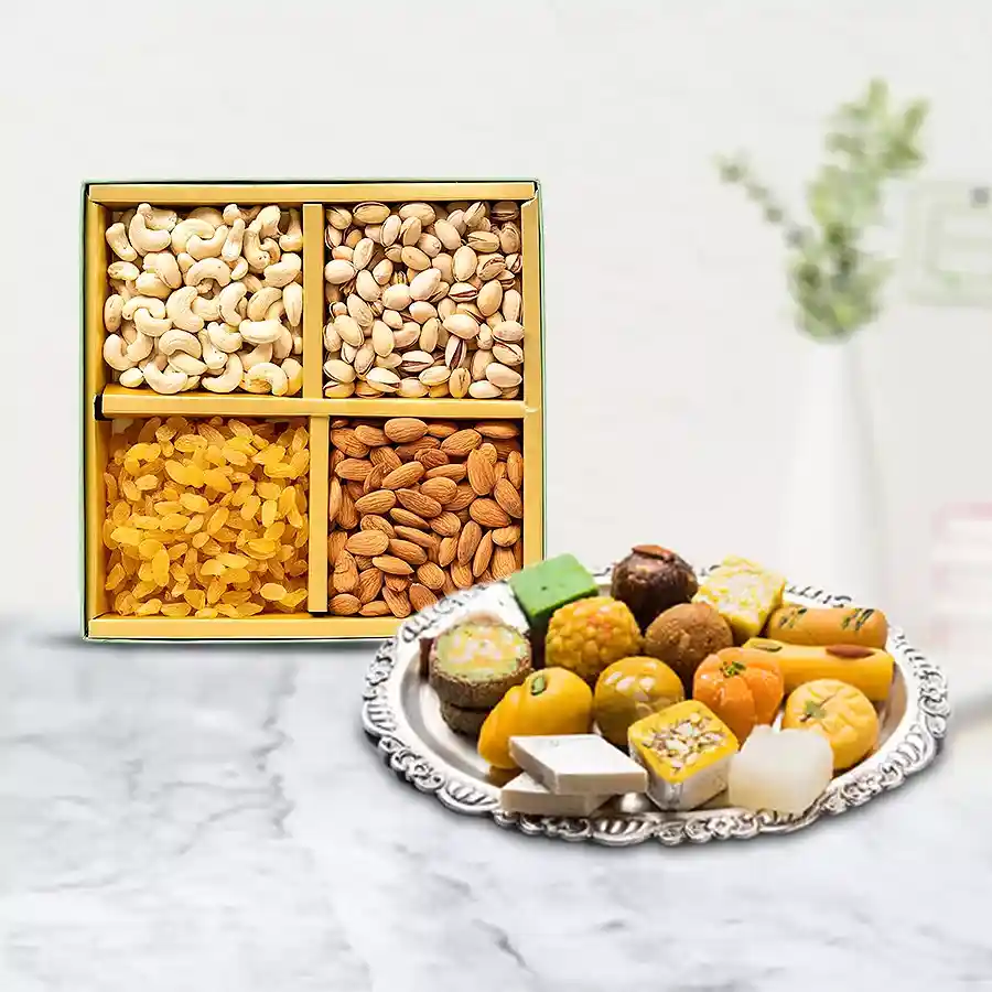 Haldiram's Sweets and Dry Fruits Pack for Mother's Day, featuring an assortment of delicious treats in a beautifully arranged gift box.