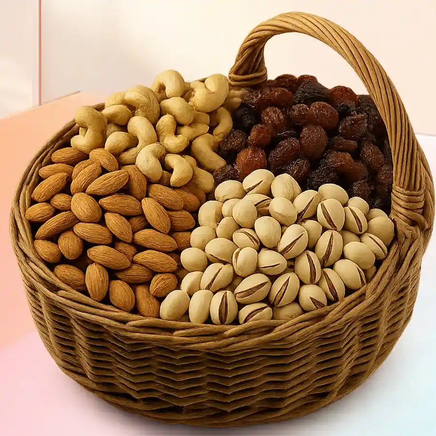 Gourmet Dry Fruits Celebration Basket with assorted nuts in cane basket.