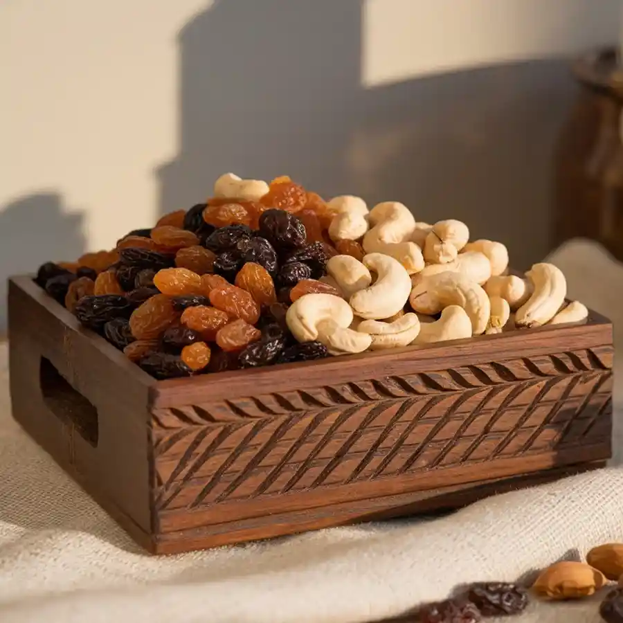 Nutty Raisin Love Gift Box with cashews and raisins in a decorative wooden box.