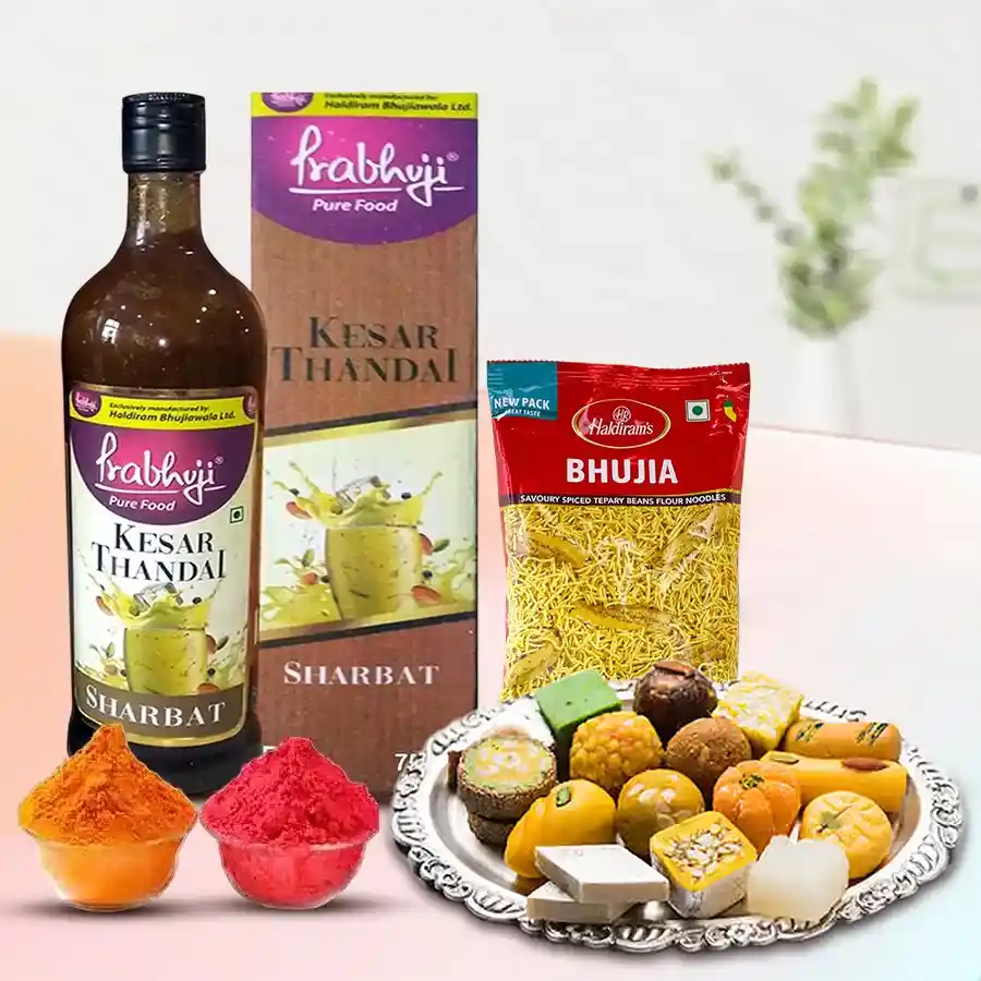 Zesty Haldirams Gift Pottle featuring Kesar Thandai, assorted sweets, crunchy Bhujia, and herbal gulal for Holi celebrations.