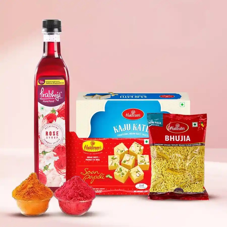 Piquant Haldirams Gift Hamper with Rose Syrup, Soan Papdi, Kaju Katli, Bhujia, and Herbal Gulal for Holi celebration