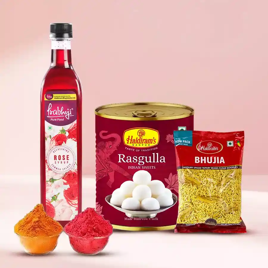 Gusto Haldirams Gift Hamper featuring Rose Syrup, Rasgulla, Bhujia, and herbal Gulal for Holi celebrations