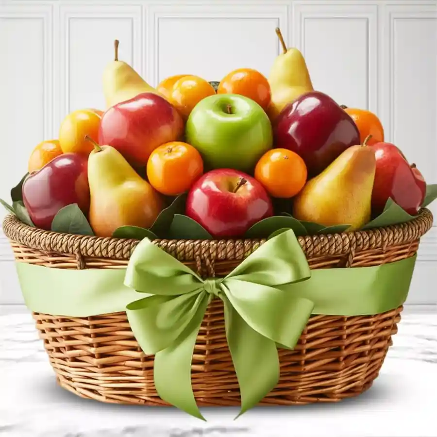 A vibrant 4kg Mother's Day fruit basket filled with apples, pomegranates, pears, and seasonal fruits like mangoes and oranges.
