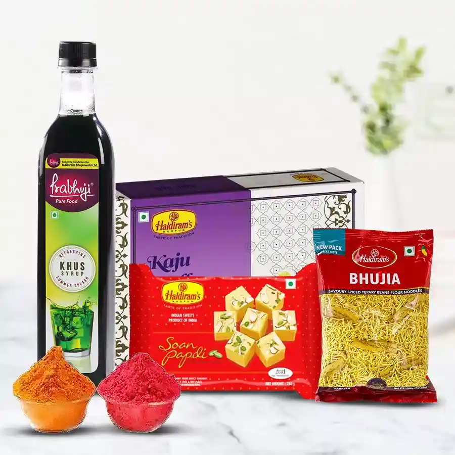 Haldiram Saporous Pleasure Collection for Holi featuring Khus Syrup, Pista Rolls, Soan Papdi, Bhujiya, and Herbal Gulal