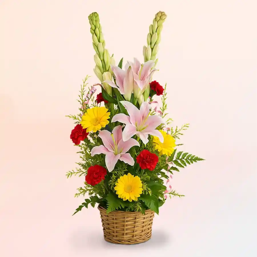 Serene Oriental Floral Basket with assorted flowers including lilies, carnations, and gerberas, ideal for special occasions.