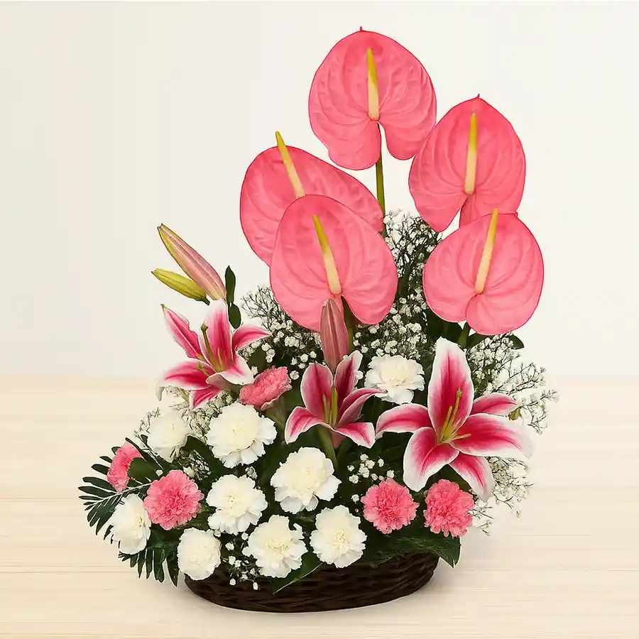 Blooming Love Celebration Basket featuring 24 pink and white flowers, perfect for weddings and special occasions.