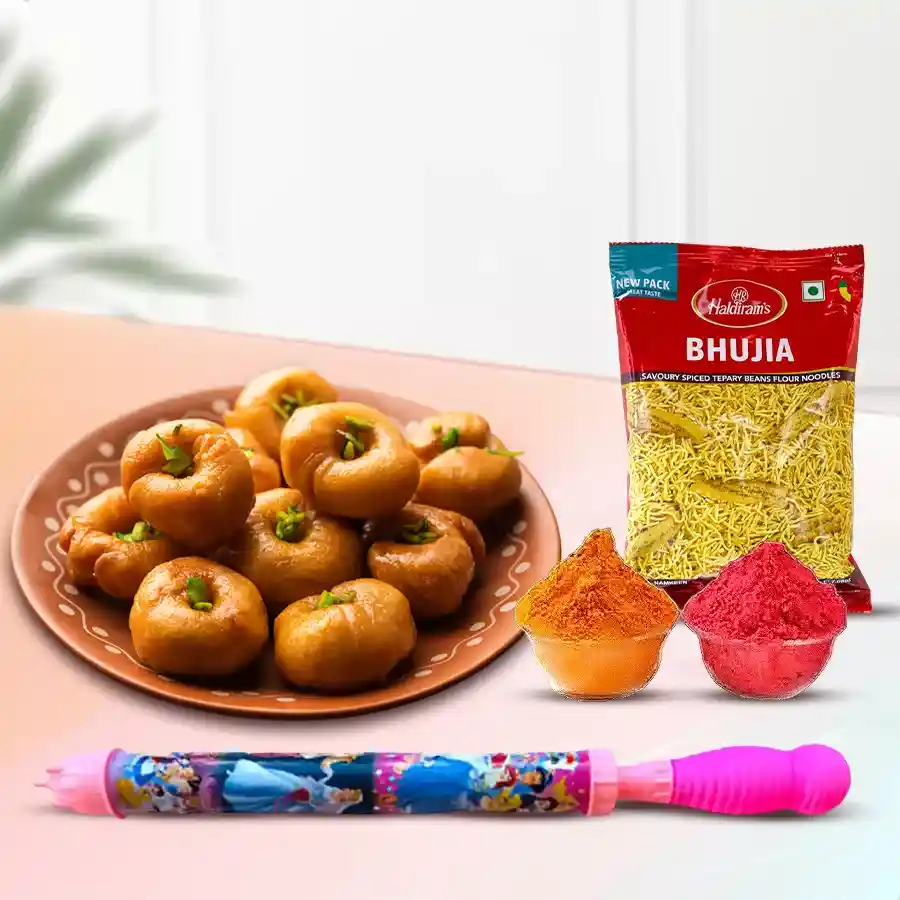 Haldiram's Joyous Gala Cluster featuring Balushai, Bhujiya, a petite pichkari, and herbal gulal for Holi celebrations