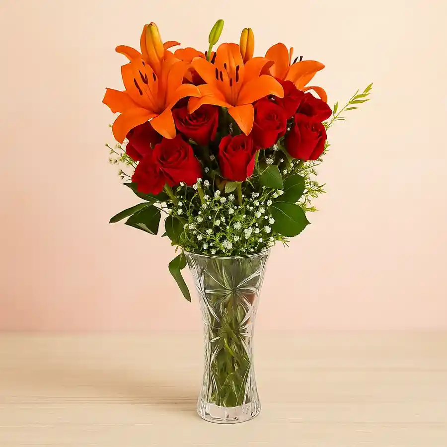 Vivid Floral Harmony arrangement featuring 33 flowers in vibrant red and orange, perfect for special occasions.
