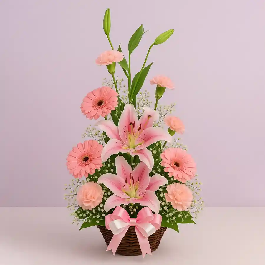 Beautiful Love n Lust Pink and Peach Flowers Basket featuring lilies, carnations, and gerberas, ideal for weddings and special occasions.