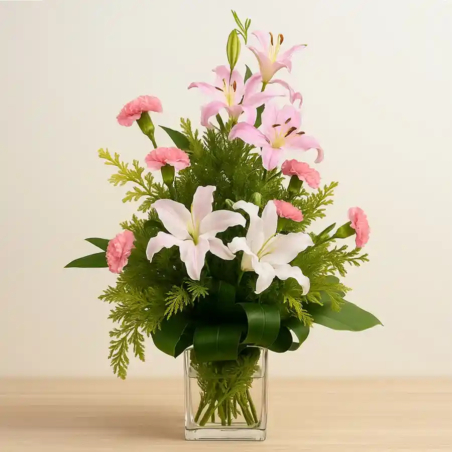 A charming flower basket featuring pink and white lilies and carnations, topped with a large decorative ribbon.