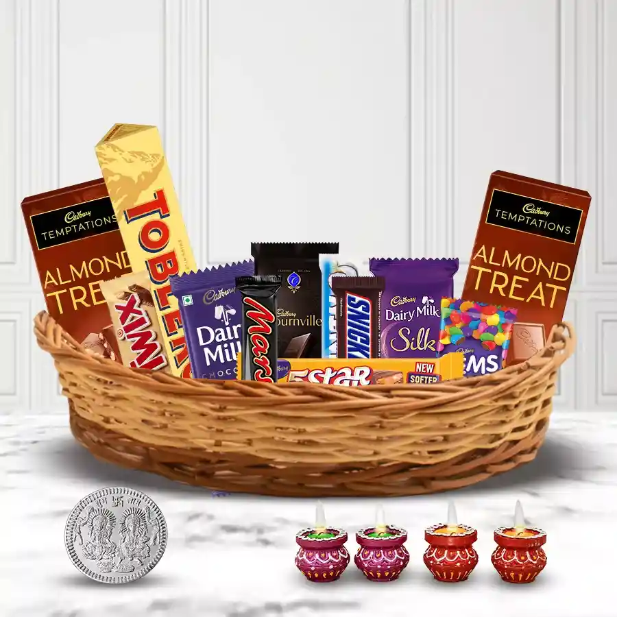 Festive Season Assorted Chocolate Gift Hamper including Cadbury Temptation, Toblerone, Dairy Milk Silk, Fruit & Nut, Bournville, Gems, Bounty, Twix, Mars, Snickers, 5 Star, Laxmi Ganesh Silver Coin, and 4 Diyas