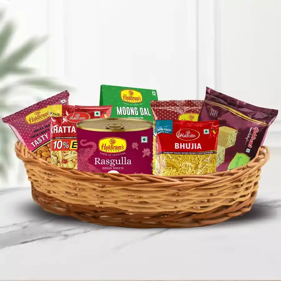 Mouthwatering Haldirams Assortments Gift Hamper filled with snacks and sweets