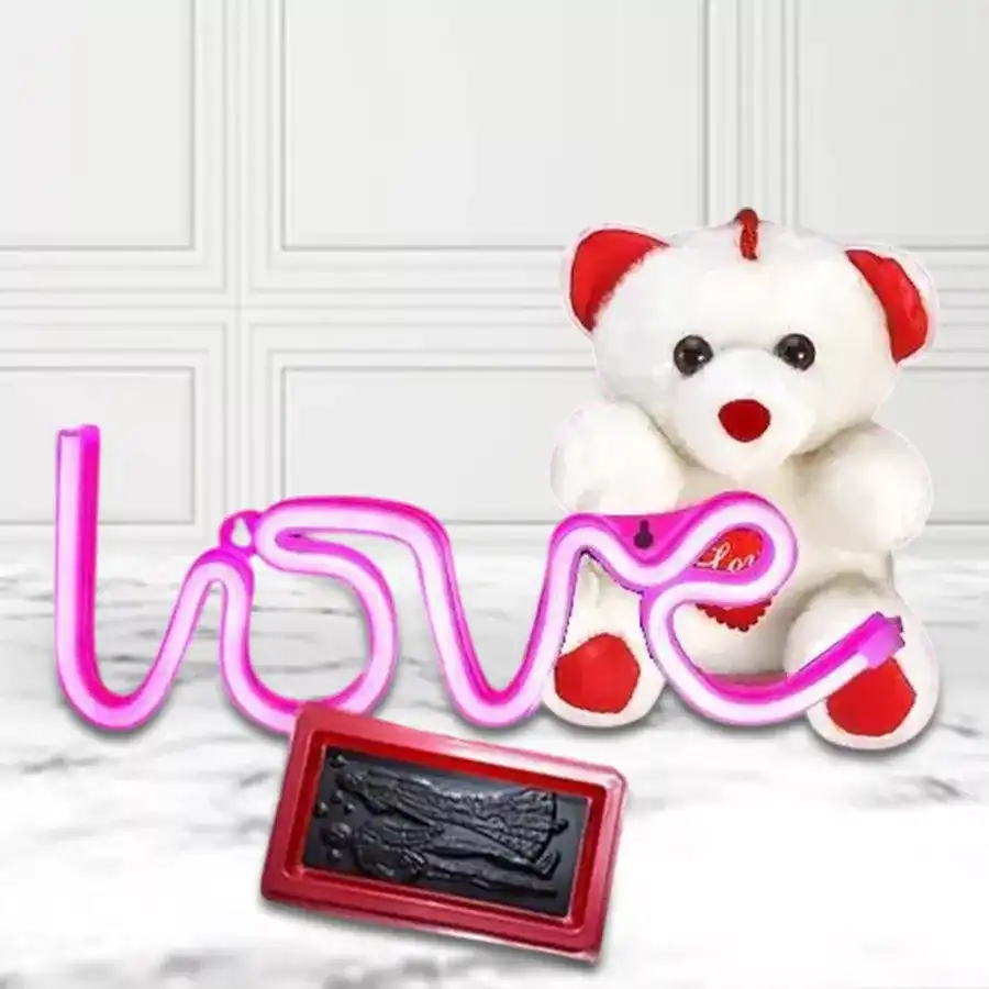 Gorgeous Neon Love Lamp with chocolates and a 6-inch "I Love You" teddy bear for Valentine's Day