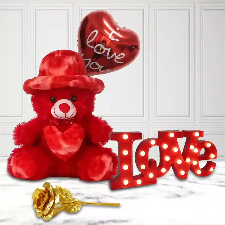 Fabulous personalized gift combo for fiancée including LOVE LED lamp, handmade chocolates, red teddy bear, heart-shaped chocolates, "I Love You" Mylar balloon, and a golden rose