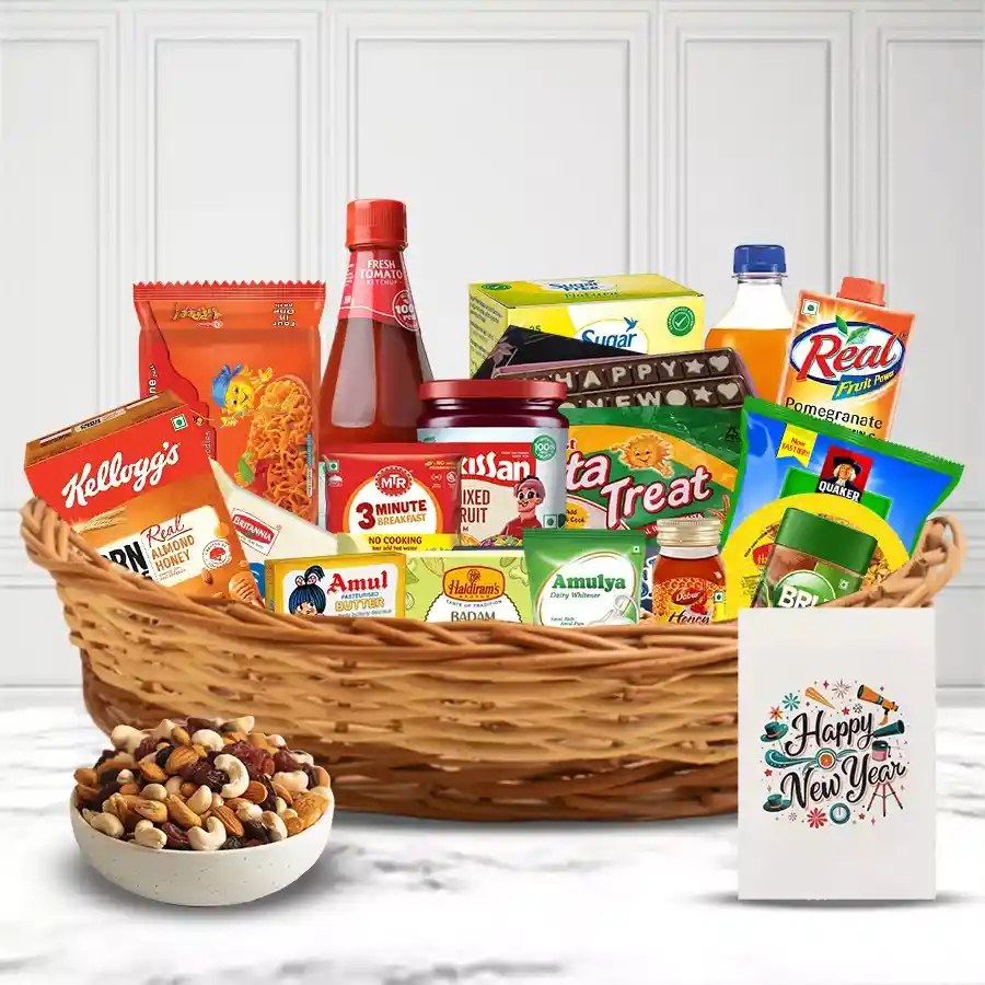 New Year gift hamper filled with snacks and treats including cakes, cookies, dry fruits, cereals, jams, honey, juice, coffee, chocolates, and a greeting card.