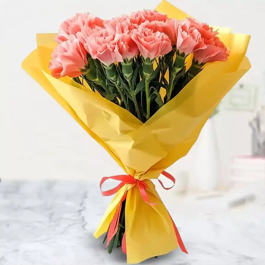 Exclusive bouquet of 15 pink carnations wrapped in soft tissue.