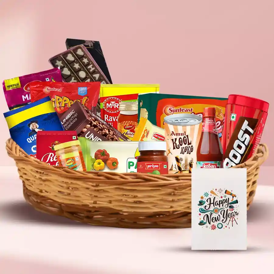 A festive gift hamper filled with treats and snacks for New Year celebration, including tea, sweets, cookies, health drinks, and a cheerful greeting card.