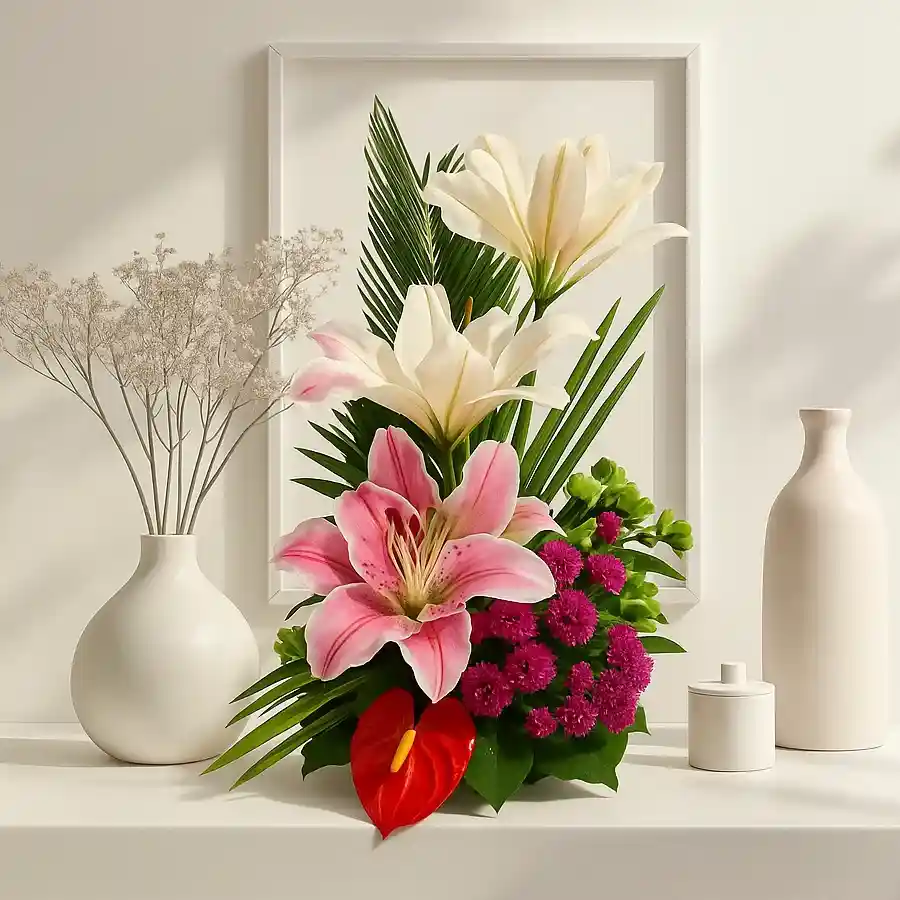 Tranquil Floral Harmony Basket Arrangement with pink and white lilies and vibrant anthuriums.
