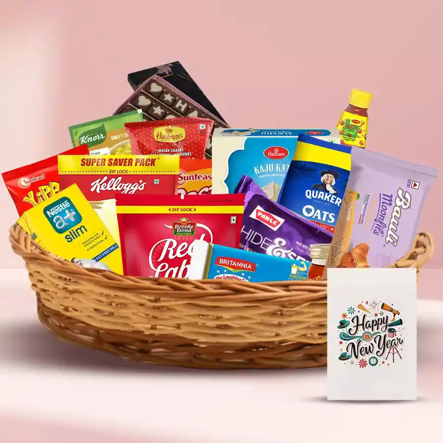 Ambrosial New Year Hamper featuring assorted food items including milk, tea, cheese, honey, treats, breakfast cereals, sauces, chocolates, and a greetings card.