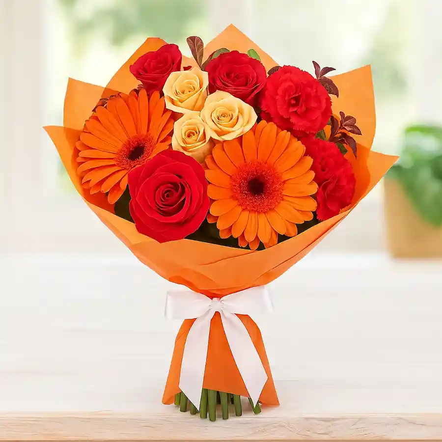 Whimsical Floral Harmony Bunch featuring 5 roses, 3 carnations, and 2 gerberas, beautifully arranged to convey affection.