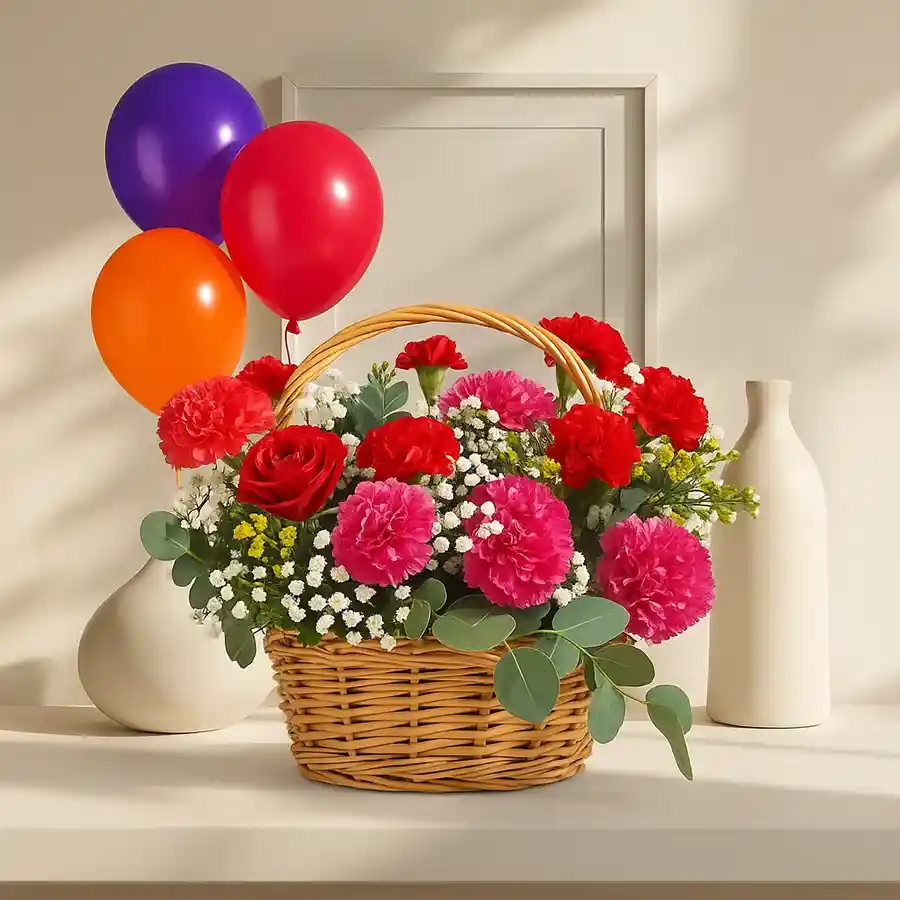 A vibrant basket filled with mixed carnations and colorful balloons for celebrations.