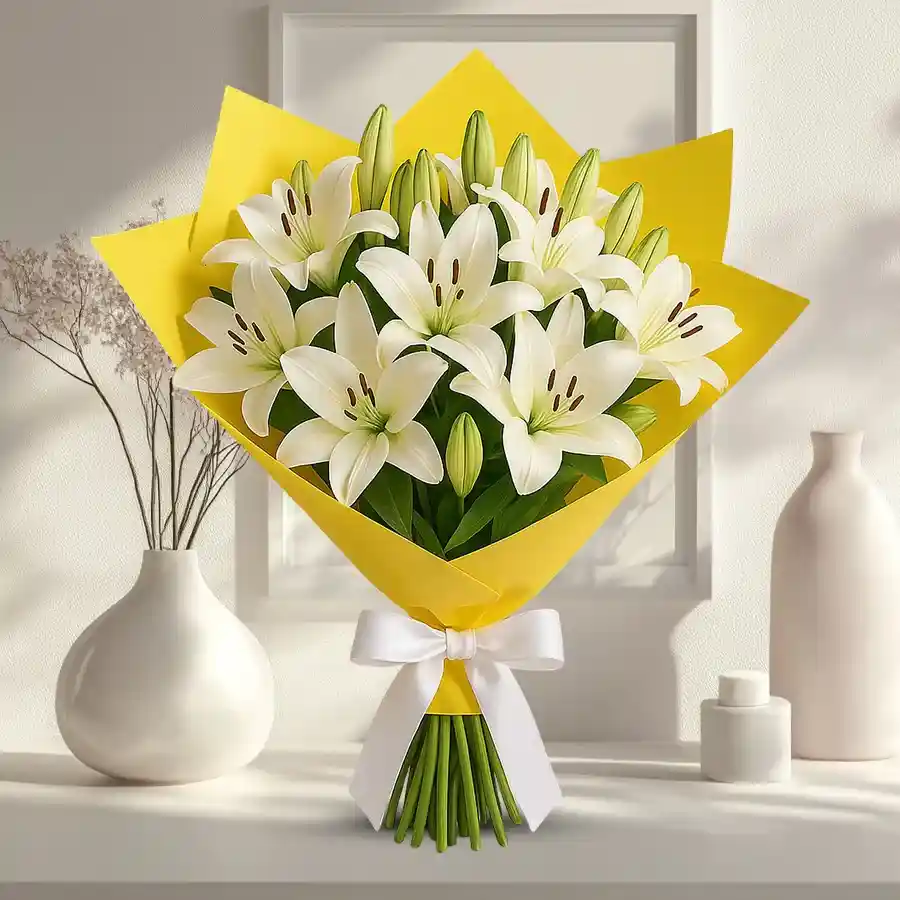 A sympathy bouquet featuring 8 elegant white lilies wrapped in delicate tissue.