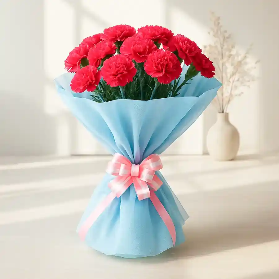 A bouquet of ten pink carnations wrapped in tissue, symbolizing affection and care.
