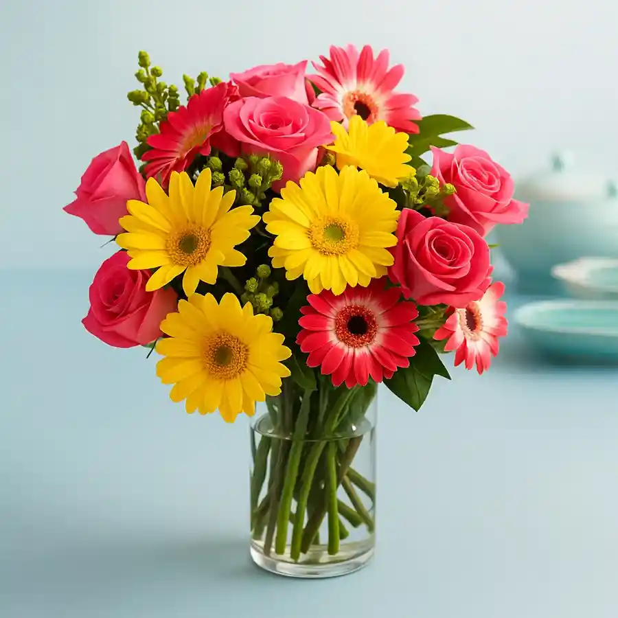 A vibrant floral arrangement featuring pink roses and gerberas in a glass vase, perfect for gifting to loved ones.