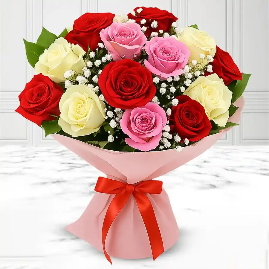 Exquisite Mixed Roses Bouquet with 12 vibrant roses, elegantly wrapped in netting.