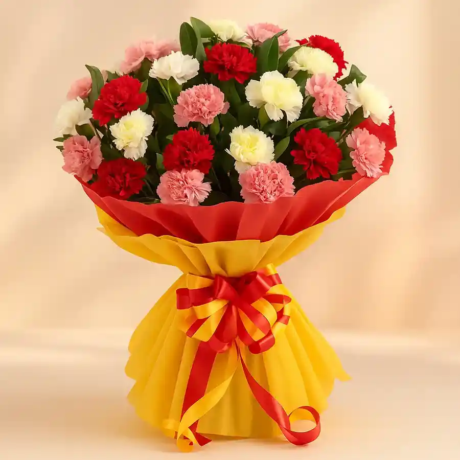 10 mixed carnations beautifully wrapped in tissue paper.