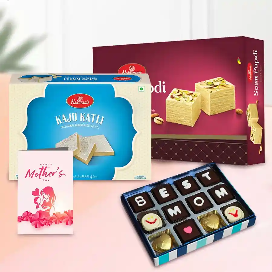 Sumptuous Wellness Haldirams Gift Pack featuring Soan Papdi, Kaju Katli, handmade chocolate, and a Mother's Day card