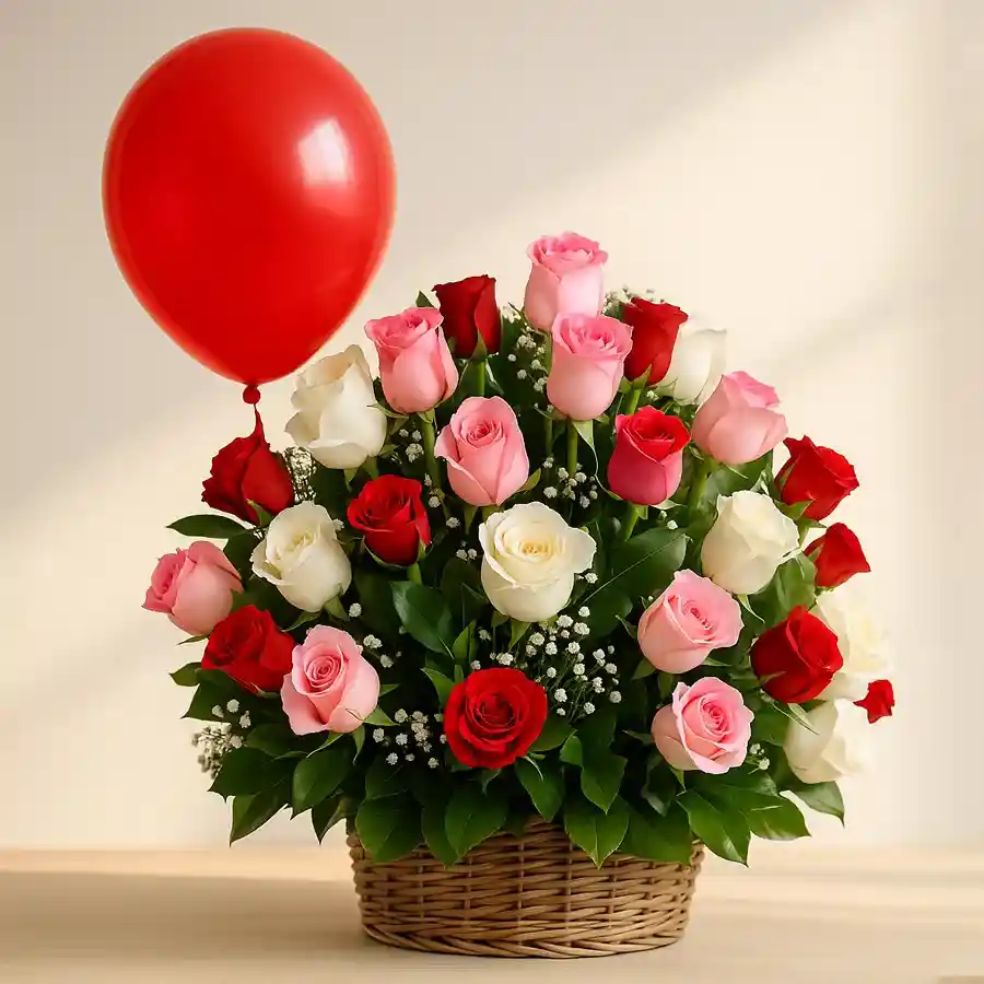 Autumn Harmony Floral Celebration with 40 mixed roses in a basket, topped with a cheerful balloon.