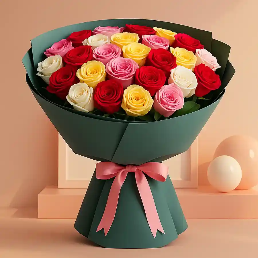 Romantic Sizzle Delight - 30 mixed roses arrangement showcasing vibrant colors and elegance.