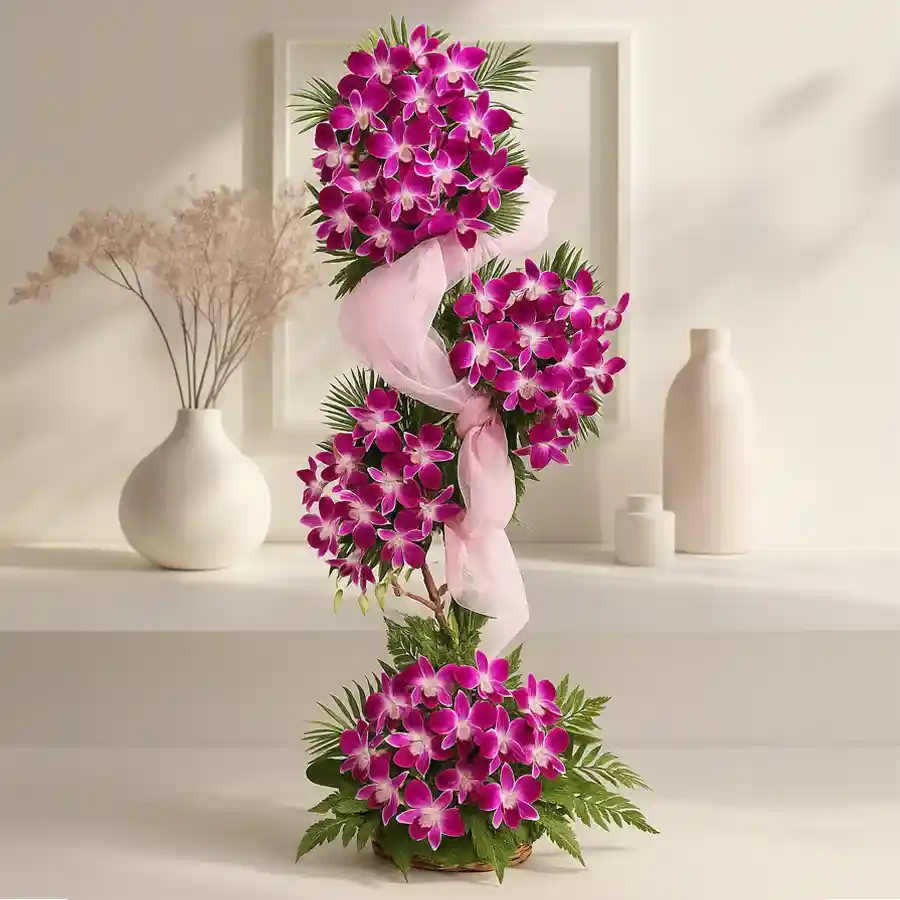 Majestic three-tier arrangement featuring 30 vibrant orchid stems.