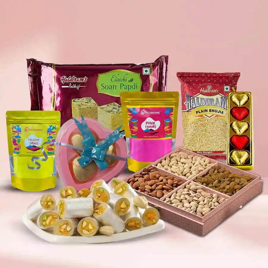 Haldiram Fun to Much Ensemble featuring assorted treats, including Soan Papdi, Bhujia, Kaju Pista Rolls, dry fruits, homemade chocolates, and heart-shaped candies, with a free Gulal/Abir pouch, all beautifully packaged in a festive box.