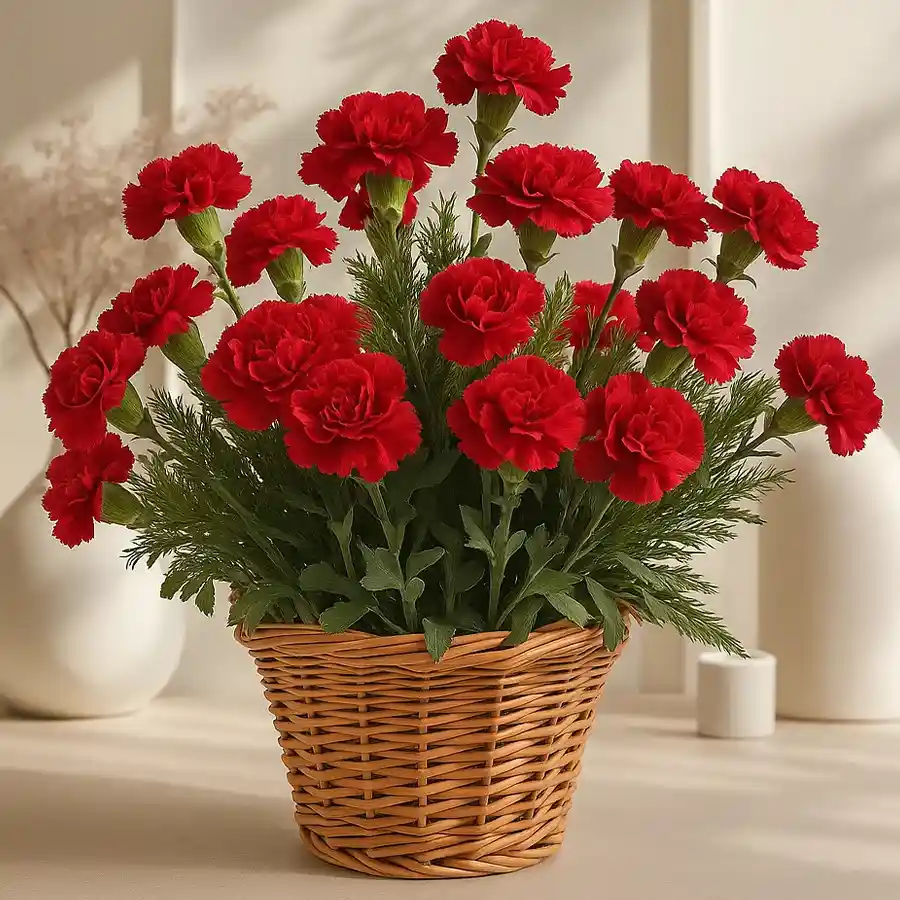 Eye-catching arrangement of 12 vibrant red carnations, perfect for expressing heartfelt sentiments.